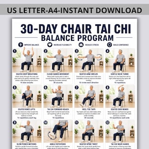 May include: A 30-day chair Tai Chi balance program chart featuring twelve numbered instructional panels. Each panel displays a person in a grey shirt and blue pants performing seated exercises with descriptive text and specific movement instructions.