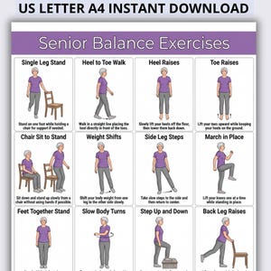 Pode incluir: Um download instantâneo A4 imprimível com Exercícios de Equilíbrio para Idosos. O pôster inclui ilustrações e instruções para exercícios como apoio em uma perna, marcha calcanhar-dedo, elevações de calcanhar, elevações de dedos e muito mais.