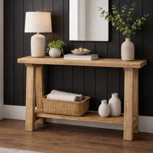 Può includere: Una consolle in legno chiaro con un ripiano inferiore, contenente un cestino intrecciato con un asciugamano arrotolato e due vasi bianchi. Una lampada, uno specchio e del verde decorano la parte superiore. Il muro dietro è scuro.