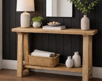 Solid Wood Farmhouse Console Table – Rustic Entryway Sofa Hallway Shelf