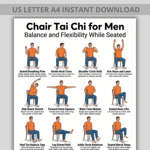 Tai Chi da seduti per uomini - Poster di allenamento da seduti - Guida stampabile con 16 esercizi da seduti - Arte murale per equilibrio, flessibilità e fitness