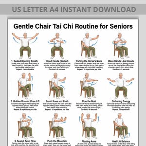 Può includere: Una guida stampabile intitolata "Gentle Chair Tai Chi Routine for Seniors" con illustrazioni di esercizi. La guida include istruzioni per la respirazione seduta, le mani di nuvola, la separazione della criniera del cavallo e altri movimenti di Tai Chi.