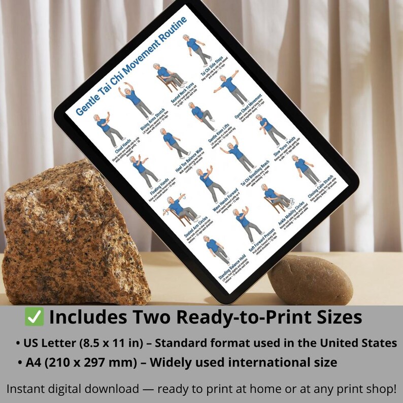 May include: A digital tablet displays a "Gentle Tai Chi Movement Routine" with illustrated exercise steps. The tablet is angled, showing a series of Tai Chi poses. The image includes text indicating two ready-to-print sizes: US Letter (21.6 x 27.9 cm) and A4 (21.0 x 29.7 cm).