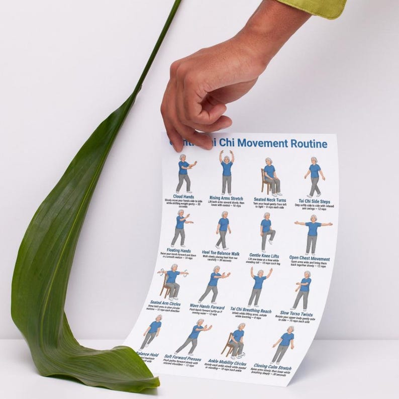 May include: A poster titled "Tai Chi Movement Routine" with illustrations of Tai Chi exercises, held by a hand. The poster shows various movements with accompanying text, including "Cloud Hands" and "Rising Arms Stretch".