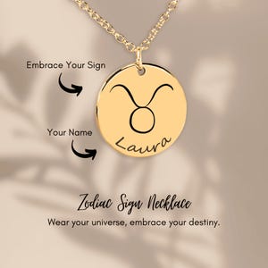 Custom Zodiac Necklace - Engraved Astrology Sign & Name - Personalized Horoscope Pendant - Celestial Jewelry Gift - Gold, Silver