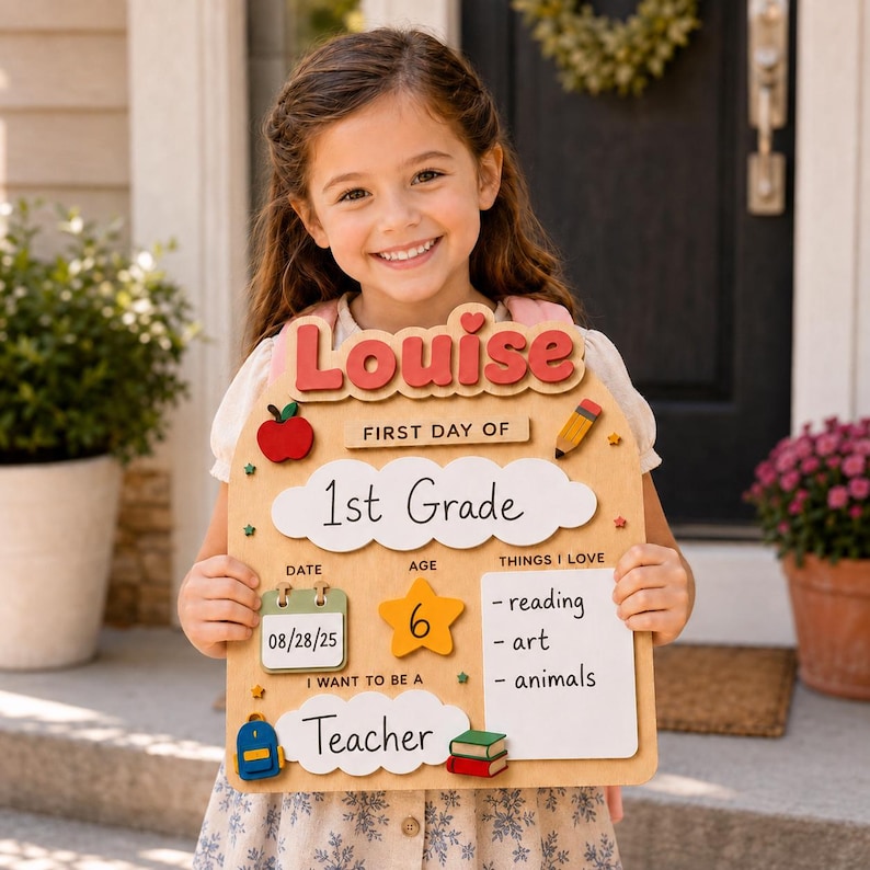 May include: A wooden first day of school sign featuring the name Louise in red letters, a red apple, a pencil, a calendar showing 08/28/25, a yellow star with the number 6, a blue backpack, and books. The sign includes text for grade, age, and interests.
