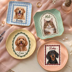 May include: Four decorative ceramic trinket dishes featuring custom pet portraits. One square blue gingham dish with a golden retriever named Buddy, one green gingham dish with a cat named Milo, one yellow striped dish with a dog named Coco, and one orange striped dish with a dachshund named Ruby.