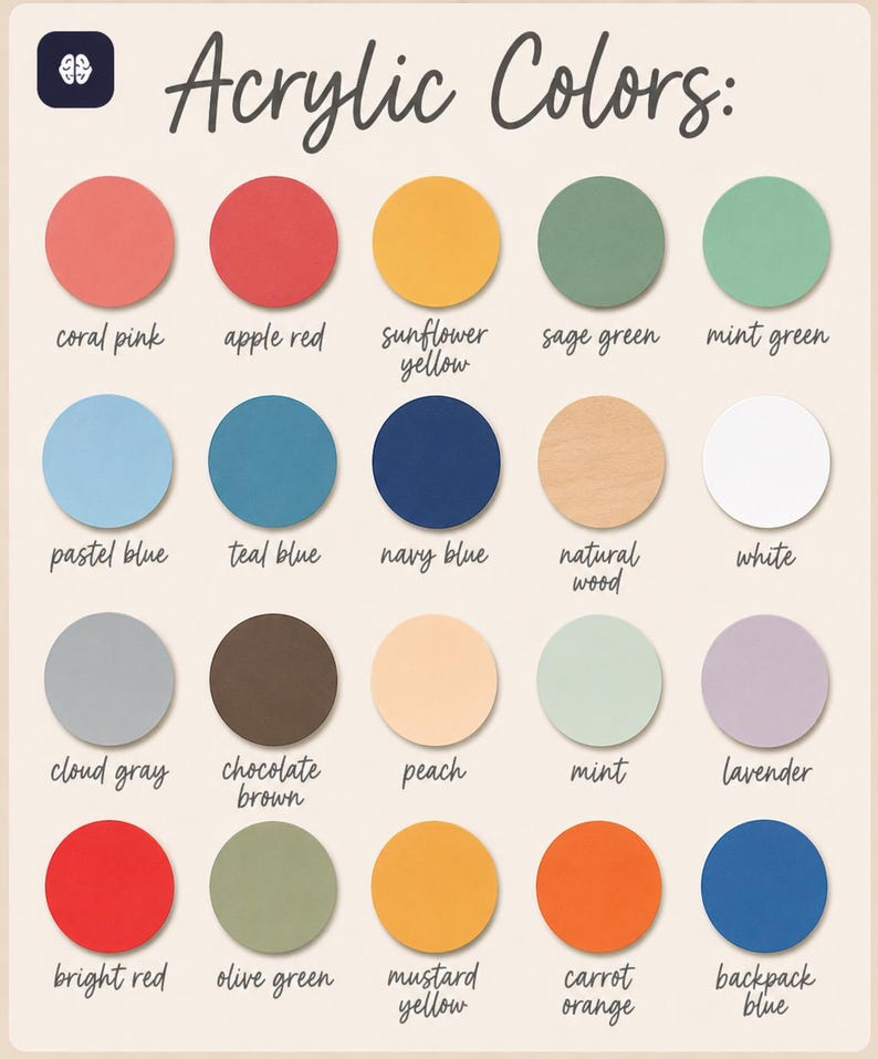 May include: A color chart titled Acrylic Colors featuring twenty circular swatches in various shades including coral pink, apple red, sunflower yellow, sage green, mint green, pastel blue, teal blue, navy blue, natural wood, white, cloud gray, chocolate brown, peach, mint, lavender, bright red, olive green, mustard yellow, carrot orange, and backpack blue.
