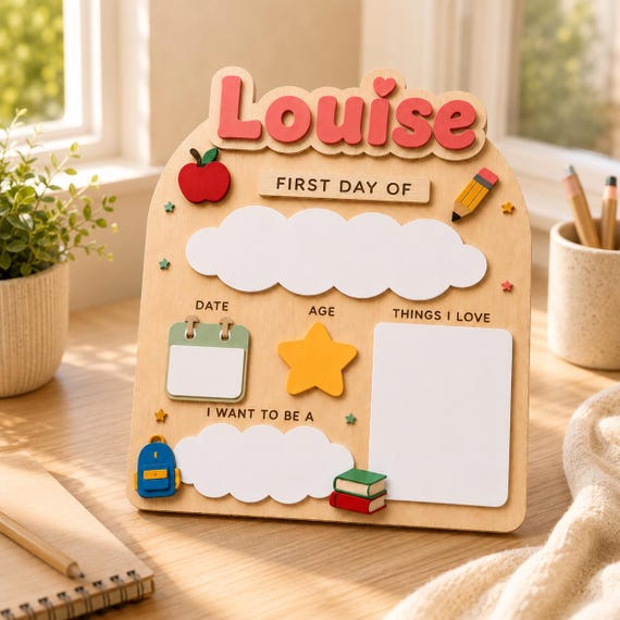 Personalized First Day of School Sign, Reusable Back to School Board, Custom Wooden School Milestone Photo Prop for Kids