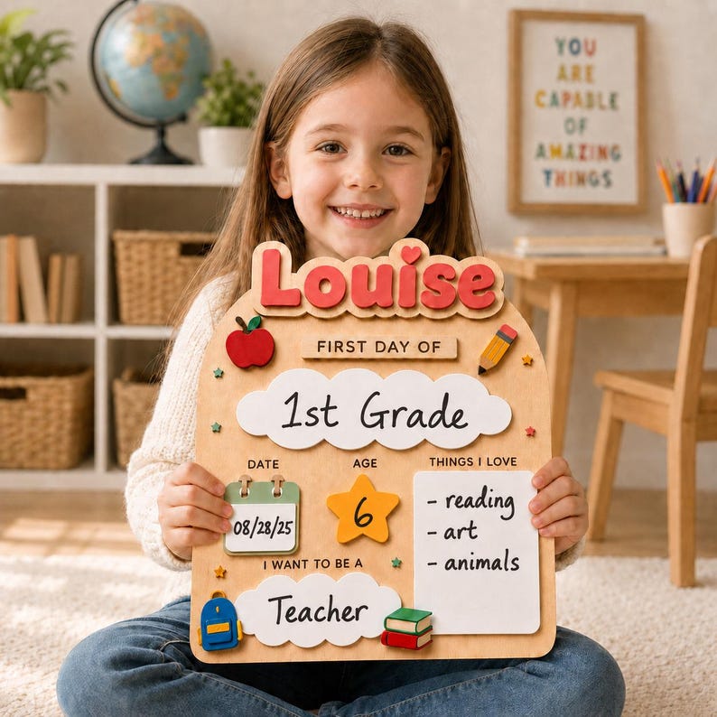 May include: A wooden first day of school sign featuring the name Louise in red letters, a cloud shape with 1st Grade, a calendar showing 08/28/25, a yellow star with the number 6, and a white board listing reading, art, and animals as interests.