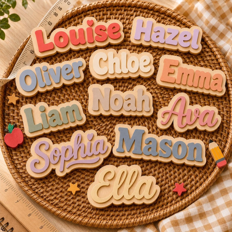 May include: A collection of custom wooden name signs featuring various pastel and bold colors, including names like Louise, Hazel, Oliver, Chloe, Emma, Liam, Noah, Ava, Sophia, Mason, and Ella. A measuring tape shows a scale in inches.