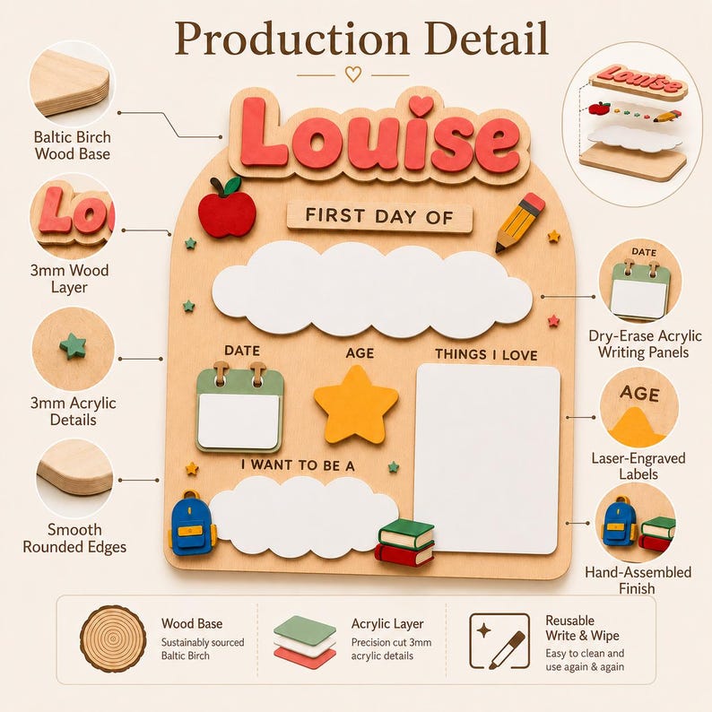 May include: A wooden first day of school sign featuring the name Louise in red letters, a dry-erase cloud, and sections for date, age, and interests. The board includes laser-engraved labels, colorful 3mm acrylic icons like an apple, pencil, and books, and smooth rounded edges on a Baltic birch base.