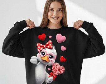 Kawaii Valentine Duck Sweatshirt, Heart Lollipop Goose (Digital PNG Design)