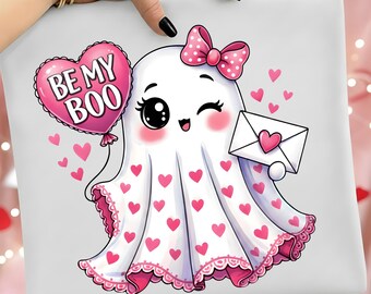 Cute Valentine Ghost PNG, Be My Boo Kawaii Ghost, Cute Valentine PNG Clipart, Sublimation Design, Transparent Background