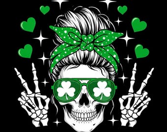 St. Patrick's Day Skeleton PNG – Shamrock Bandana, Messy Bun (Digital Download)
