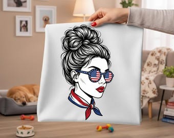 Americana Girl PNG, Messy Bun, okulary przeciwsłoneczne z flagą USA (pobieranie cyfrowe)