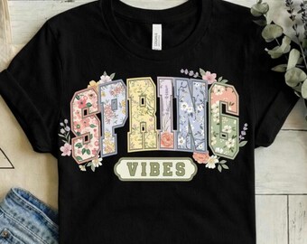 Floral Spring Vibes PNG, Varsity Botanical Sublimation Design, Retro Easter Graphic