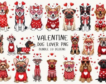 Valentine Dog Lover PNG Bundle , 20 Cute Valentine Dogs , Funny Love Dogs Clipart , Valentine’s Day Dog PNG