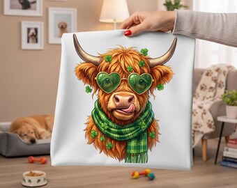 St. Patrick's Day Highland Cow, png, shirtontwerp met klaver (digitale download)