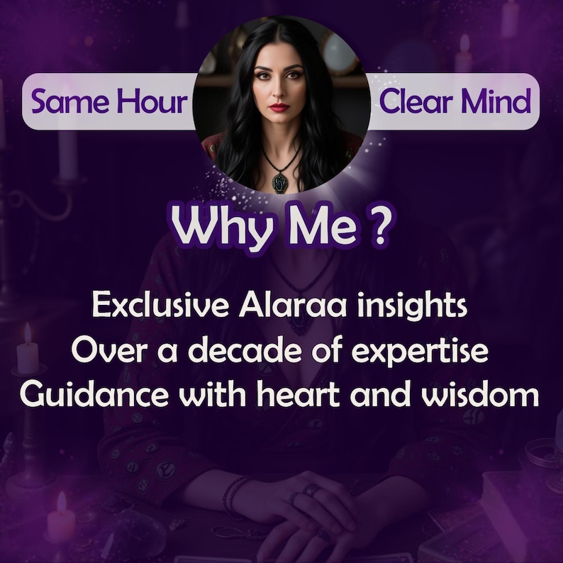May include: A woman with long dark hair sits at a table with candles and crystals. The text "Why Me?" is in large letters above her. Below the text are the words "Exclusive Alaraa insights", "Over a decade of expertise", and "Guidance with heart and wisdom".