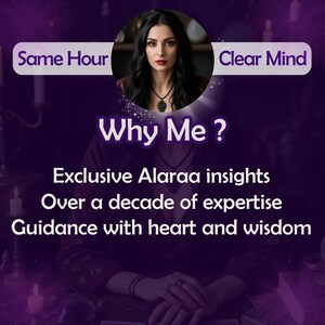 May include: A woman with long dark hair sits at a table with candles and crystals. The text "Why Me?" is in large letters above her. Below the text are the words "Exclusive Alaraa insights", "Over a decade of expertise", and "Guidance with heart and wisdom".