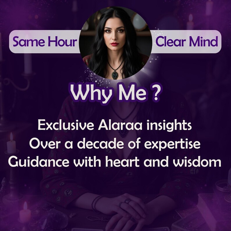 May include: A woman with long dark hair sits at a table with candles and crystals. The text "Why Me?" is in large letters above her. Below the text are the words "Exclusive Alaraa insights", "Over a decade of expertise", and "Guidance with heart and wisdom".