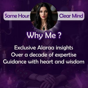 May include: A woman with long dark hair sits at a table with candles and crystals. The text "Why Me?" is in large letters above her. Below the text are the words "Exclusive Alaraa insights", "Over a decade of expertise", and "Guidance with heart and wisdom".