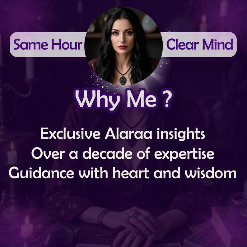 May include: A woman with long dark hair sits at a table with candles and crystals. The text "Why Me?" is in large letters above her. Below the text are the words "Exclusive Alaraa insights", "Over a decade of expertise", and "Guidance with heart and wisdom".