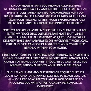 May include: A text-based image with a purple background and white text. The text explains the process of ordering a reading and the time frame for completion. It also states that the readings are thorough and personalized.