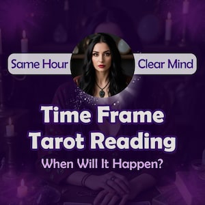 Può includere: Una donna con lunghi capelli neri è seduta a un tavolo con candele e un libro. Il testo sull'immagine dice "Same Hour, Clear Mind, Time Frame Tarot Reading, When Will It Happen?"