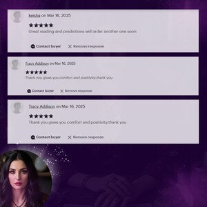 May include: Three positive reviews for a psychic reading service. The reviews are from keisha, Tracy Addison, and Tracy Addison. Each review is five stars and includes a positive comment about the reading. The reviews are dated March 16, 2025.