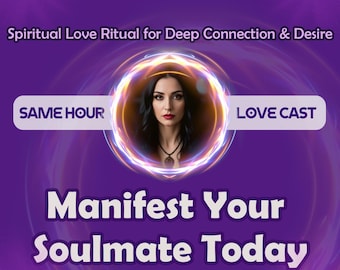 May include: A purple background with a glowing orange circle in the center. Inside the circle is a woman with dark hair and red lipstick. The text "SAME HOUR" is in the upper left corner and "LOVE CAST" is in the upper right corner. The text "Manifest Your Soulmate Today" is in large, bold letters below the circle.