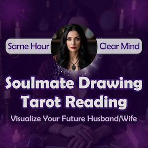 May include: A woman with long black hair and red lipstick sits at a table with candles and tarot cards. The text "Soulmate Drawing Tarot Reading" is displayed above her. The text "Visualize Your Future Husband/Wife" is displayed below her.