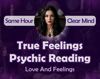 May include: A woman with long black hair and dark eyes sits in front of a purple background with candles. The text "True Feelings Psychic Reading" is written in white letters on a black background. The text "Love And Feelings" is written in white letters on a black background. The text "Same Hour" is written in white letters on a black background. The text "Clear Mind" is written in white letters on a black background.