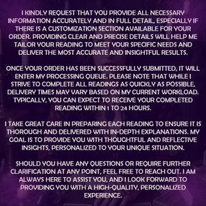 May include: A text-based image with a purple background and white text. The text explains the process of ordering a reading and the time frame for completion. It also states that the readings are personalized and thorough.