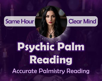 May include: A woman with long black hair and dark red lipstick sits in front of a purple background. She is wearing a black necklace with a pendant. The text "Psychic Palm Reading" is written in white letters on a black background. The text "Accurate Palmistry Reading" is written in white letters on a black background. The text "Same Hour" is written in white letters on a purple background. The text "Clear Mind" is written in white letters on a purple background.