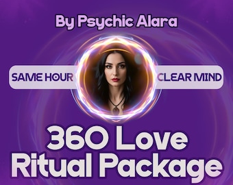 May include: Purple graphic with the text "By Psychic Alara" and "360 Love Ritual Package." A woman with dark hair is in a glowing circle. The text "Same Hour" and "Clear Mind" are also present.