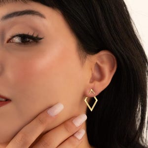 Geometric Rhombus 14K Gold Ear Jacket • Minimalist Open Frame Abstract Gold Drop Studs • Modern Structural Ear Jacket Alternative