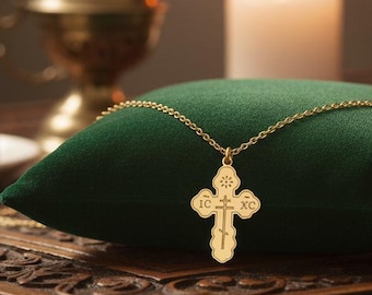 14K Gold Orthodox Crucifix Necklace | IC XC NIKA Cross | Russian Cross Pendant | Dainty Christian Necklace | Minimalist Baptism Cross