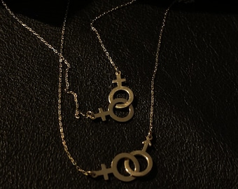 14K Gold Double Venus Necklace: Dainty Lesbian Pride Pendant