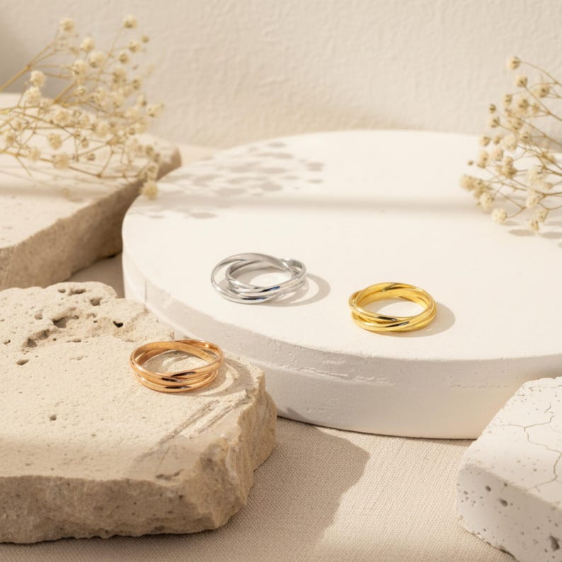 Fidget Rolling Spinner Ring • 14K Gold • Trinity Interlocking Tri Color ...