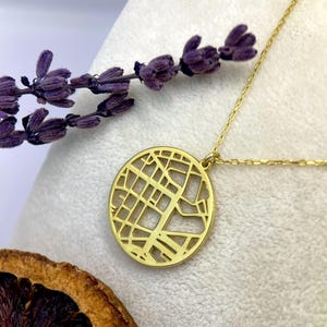 May include: A gold-colored necklace with a circular pendant featuring a map design. The necklace is displayed on a white surface, with a sprig of purple lavender and a dried orange slice in the background. The chain is delicate and the pendant has a detailed cutout.