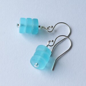 Aqua Blue Cultured Sea Glass Rondelle Stack Earrings - 925 sterling silver