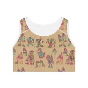 Sujetador deportivo con dibujos animados, ropa deportiva divertida, sujetador de yoga único, regalo para mujeres activas, top deportivo vibrante.