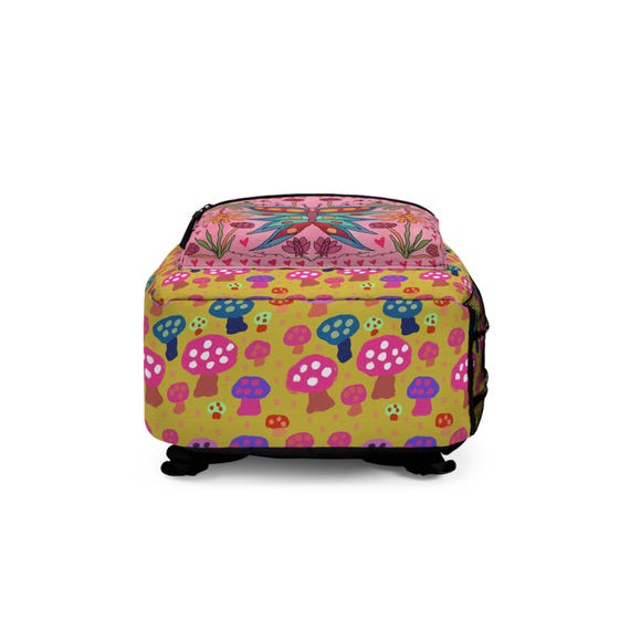 Colorful Butterfly and Mushroom Backpack - Trendy School Bag  display picture 2