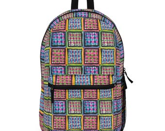 Colorful Patchwork Polyester Backpack, School Travel Carryall