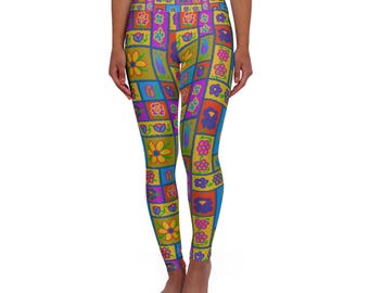 High Waisted Yoga Leggings, Colorful Floral Print Activewear