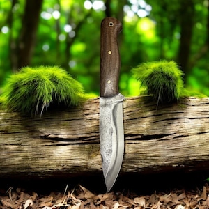Full Tang Bushcraft Knife with Carbon Steel | Handmade Knife with Ergonomic Walnut Handle | Rustic Camping and Survival Knife | Gift For Dad