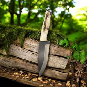 Hand Forged Deer Antler Bushcraft Knife with Sheath | Rustic Tradional and 4116 German Steel |Full Tang Camping Knife|Gift for Nature Lovers