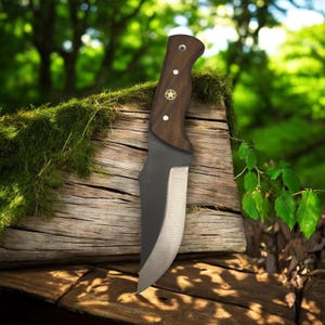 Custom Made Bushcraft Knife with Natural Walnut Grip | Full Tang Outdoor Knife and Sheath | Great Gift For Hunters,Campers & Outdoor Gear